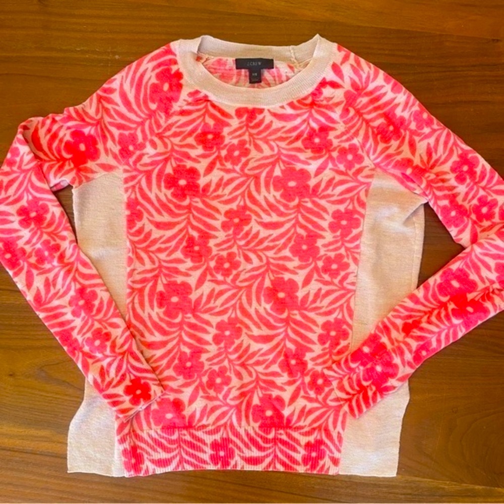 J.crew linen sweater size xxs floral hot pink long sleeve shirt tan J.crew shirt